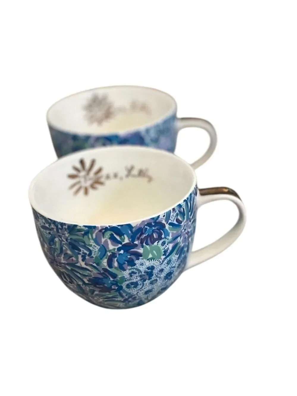 Set of 2 Lilly Pulitzer 12 oz Floral  Blue Purple Gold Trim Coffee Mug